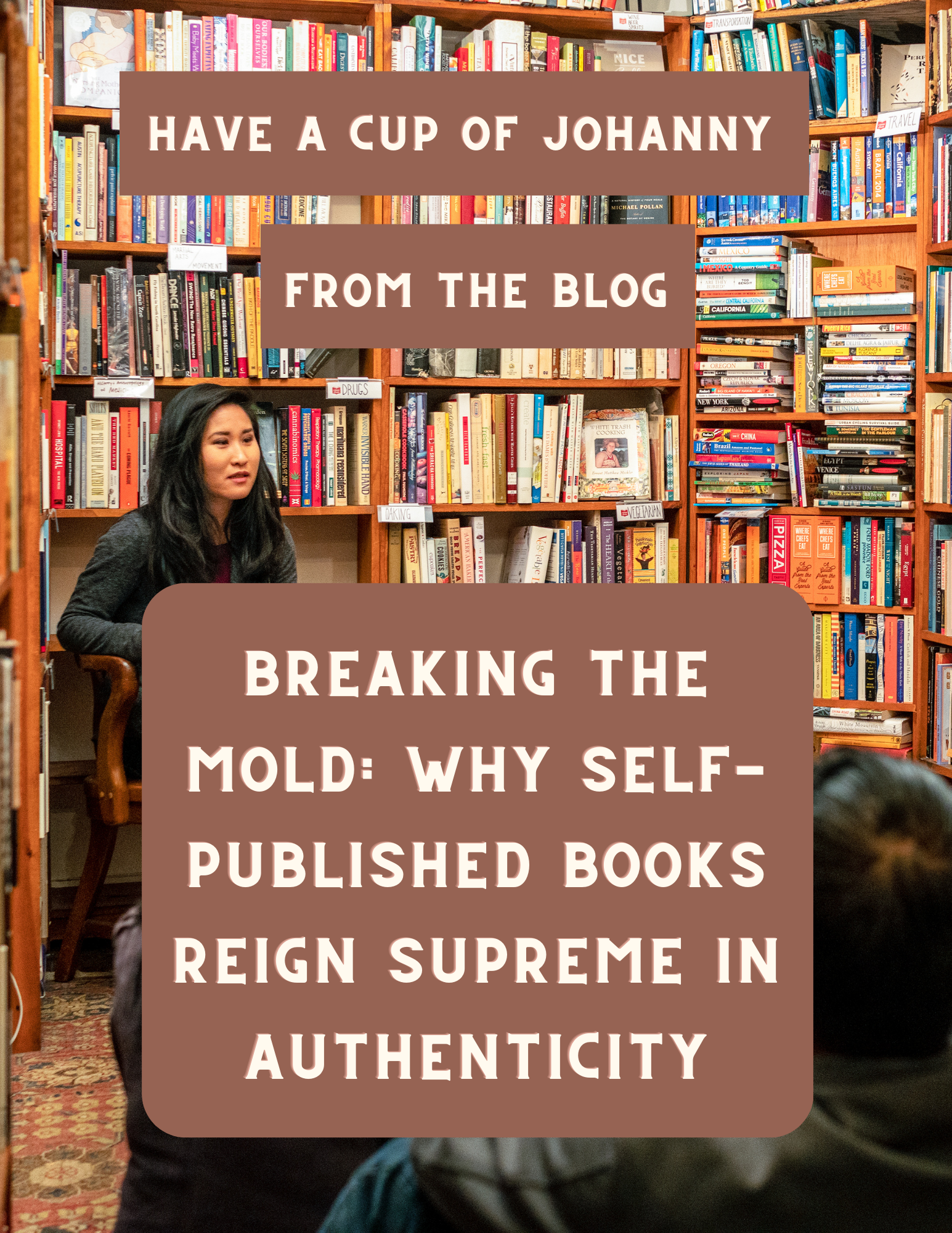 a woman author reading her book to potential readers in a library
