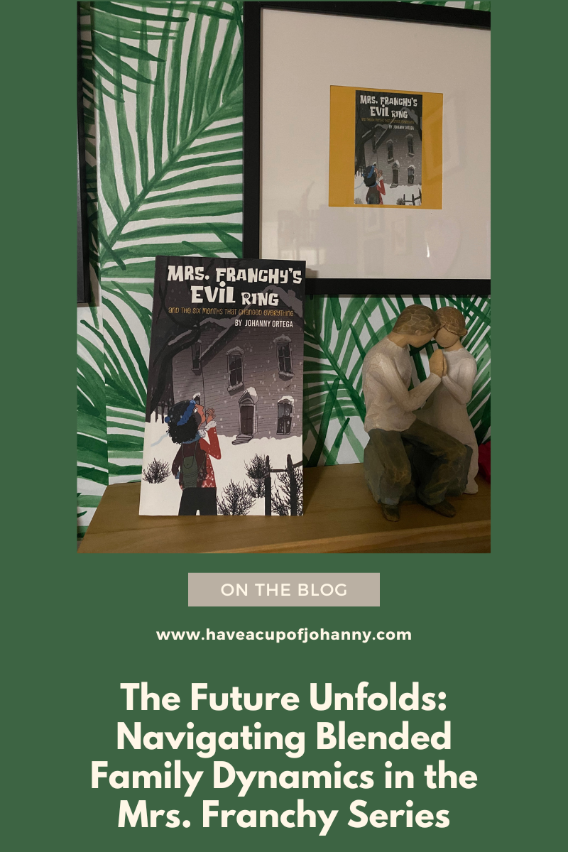 This image presents a promotional graphic for a blog post titled 'The Future Unfolds: Navigating Blended Family Dynamics in the Mrs. Franchy Series'. Featured prominently is a physical copy of 'Mrs. Franchy's Evil Ring' by Johanny Ortega, set against a backdrop of green tropical leaf patterns. Above the book, a framed picture hangs on the wall, showcasing the cover art of the same title. Below the book, a figurine depicts two individuals in an embrace, symbolizing the themes of family and unity. The blog's URL, 'www.haveacupofjohanny.com', invites readers to explore the blog post.