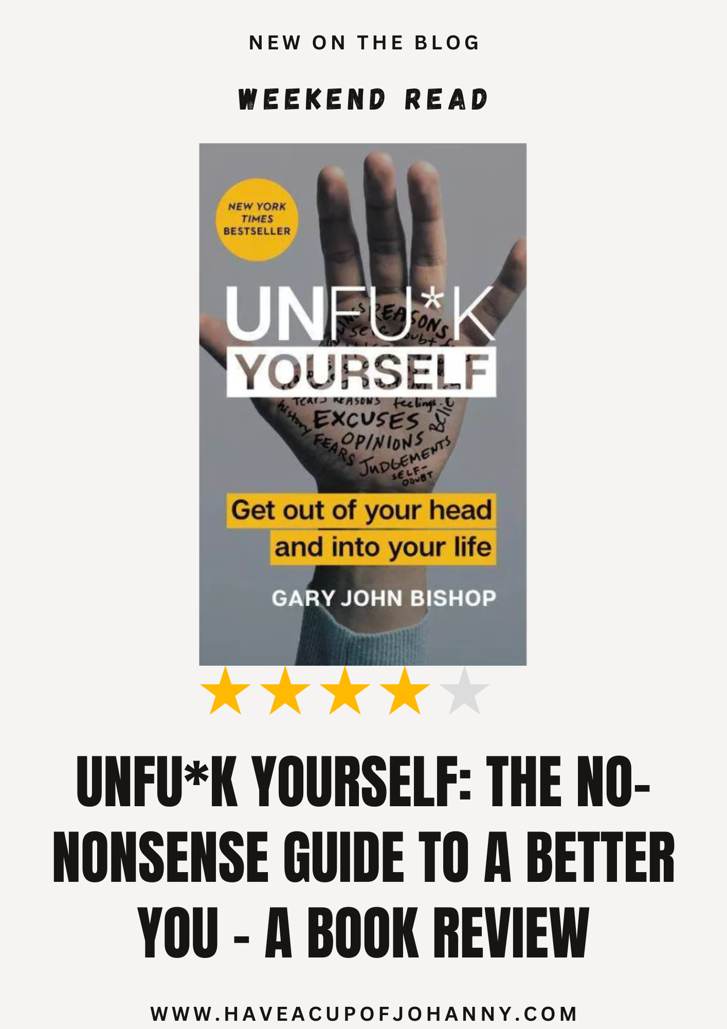 This image is a promotional graphic for a blog post featuring a book review. The top of the image is a solid light grey background with text that reads "NEW ON THE BLOG" and "WEEKEND READ" in white uppercase letters, indicating a fresh publication. The central portion of the image shows the cover of "Unfu*k Yourself" by Gary John Bishop. The cover features a hand with words written on it, symbolizing self-limiting beliefs, and the title of the book censors the word 'fuck' with an asterisk. Notably, a yellow sticker on the cover states "New York Times Bestseller." Below the hand is the subtitle "Get out of your head and into your life" in a yellow text box. The author's name is displayed at the bottom of this central image. Below the book cover, on a background that matches the top portion, is a four star rating followed by the title of the post, "UNFU*K YOURSELF: THE NO-NONSENSE GUIDE TO A BETTER YOU - A BOOK REVIEW" in large black bold letters. The website "www.haveacupofjohanny.com" is listed at the very bottom, serving as an invitation for readers to visit the blog for more details. The overall design of the graphic is clean and direct, echoing the straightforward approach of the book itself.