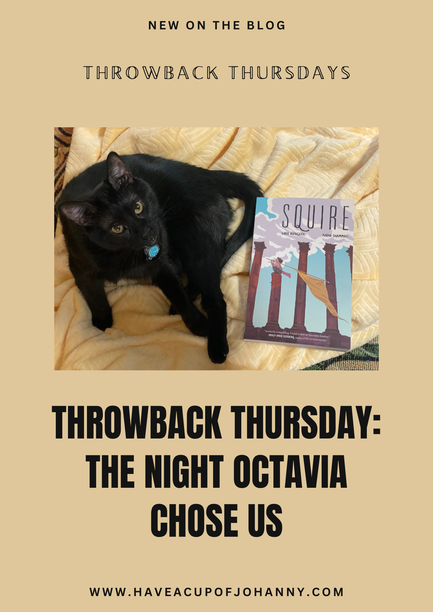 Blog post graphic for 'Throwback Thursday: The Night Octavia Chose Us' featuring a black kitten with bright eyes lying next to a book titled 'Squire' on a yellow quilt. The image captures a serene moment, emphasizing the kitten's calm demeanor and the warm, inviting setting. Text at the top announces 'NEW ON THE BLOG', inviting readers to discover the heartwarming story of how Octavia became a cherished part of the family.
