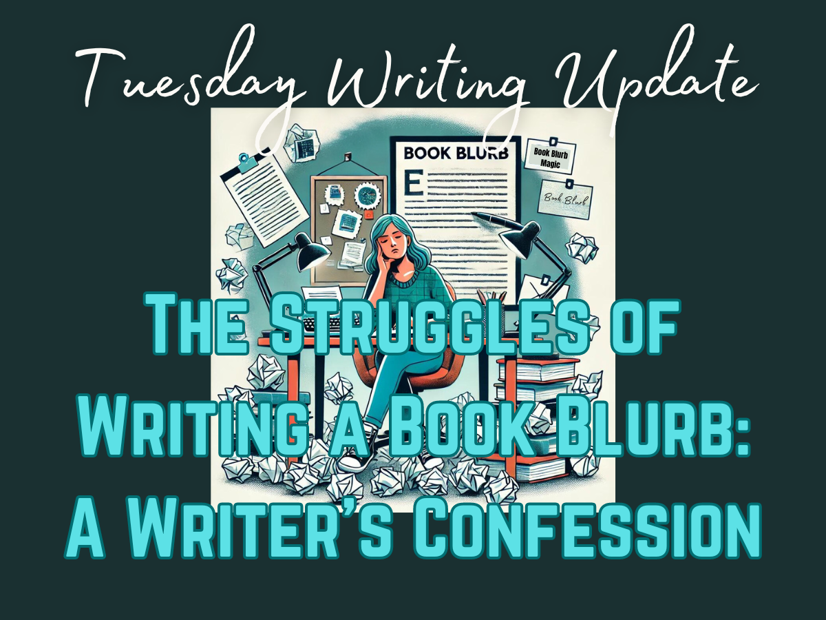 An illustration of a woman writer sitting at a desk surrounded by crumpled papers, deep in thought. Behind her, a bulletin board filled with notes and a stack of books symbolize the creative struggle of writing a compelling book blurb. The overall mood conveys determination and the challenges of the writing process.