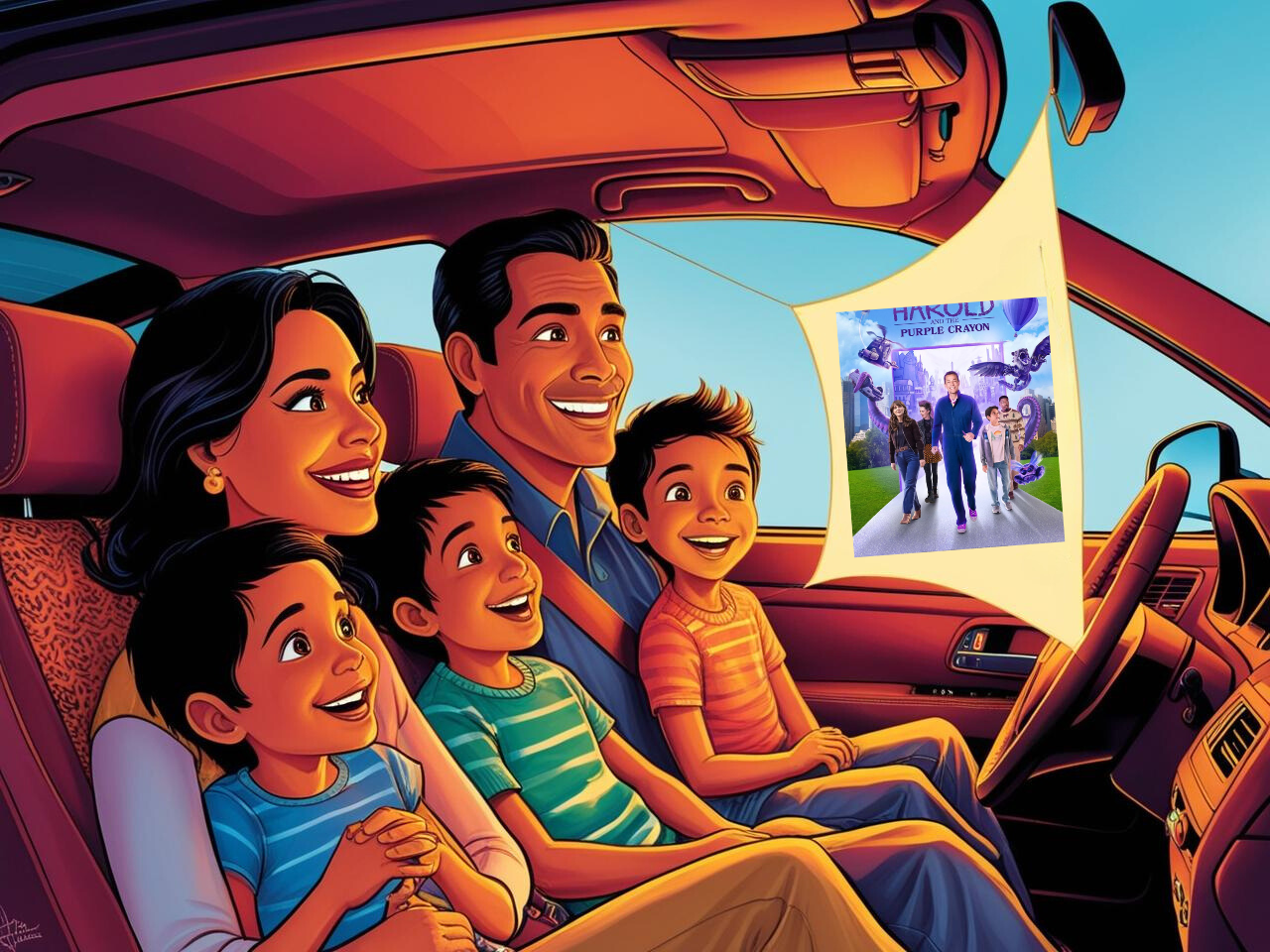 A cheerful family watching Harold and the Purple Crayon together in a car, with bright, animated expressions, highlighting the joy and wonder of a family-friendly adventure film.