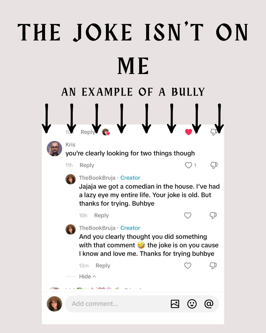 Screenshot of an ableist comment on my video, labeled as an example of online bullying.